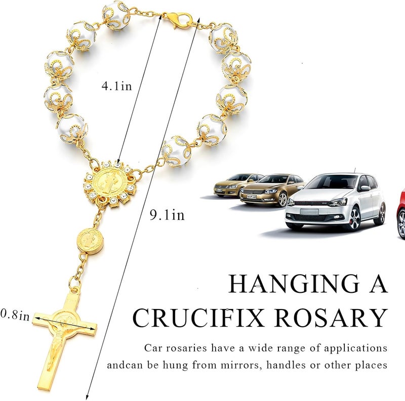 SHMZK Car Rosary for Rearview Mirror, Personalized Blessing Hanging Pendant for Car Rear View Mirror, Cross Rosary Ornament Interior Decor for Most Vehicles, Car Accessories (Golden) - Image 2